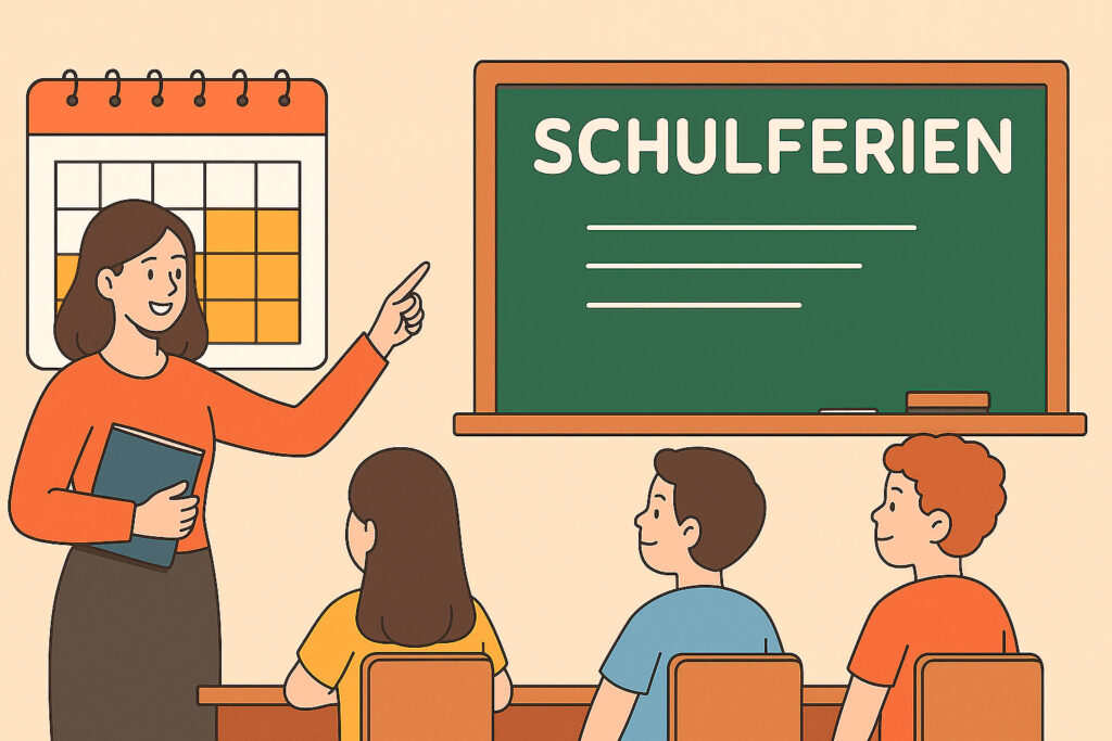 Ілюстрація німецької школи з написом «Schulferien» — шкільні канікули в Німеччині