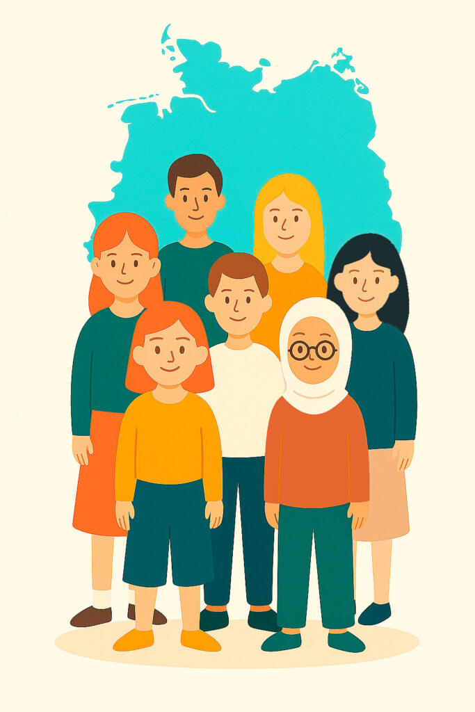 Діти різних національностей стоять на тлі карти Німеччини — школярі Німеччини