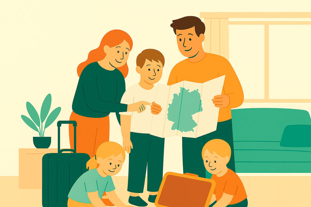 Сім’я з дітьми пакує валізи в квартирі перед подорожжю Німеччиною