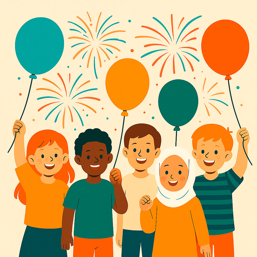 Діти з повітряними кулями святкують — ілюстрація шкільних свят і вихідних у Німеччині