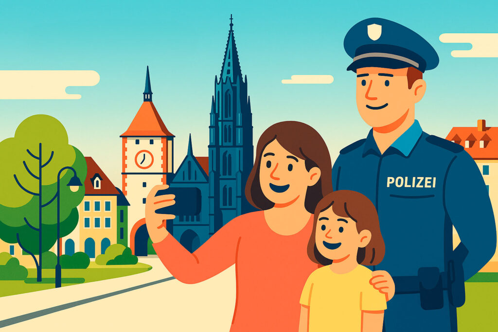 Фрайбург, Німеччина — мама й дитина фотографуються з поліцейським на тлі сонячного міста, символ безпеки та спокійного життя