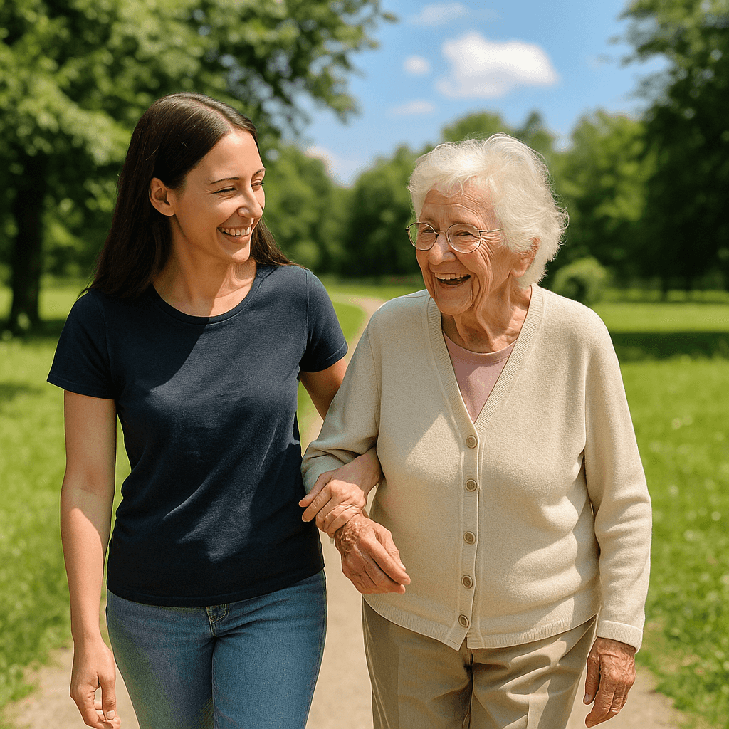 Молодая женщина помогает пожилой немке прогуливаться в парке
