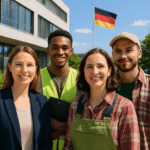 Группа молодых людей разных национальностей — офисный сотрудник, рабочий в жилете и фермер — стоят перед современным зданием с флагом Германии