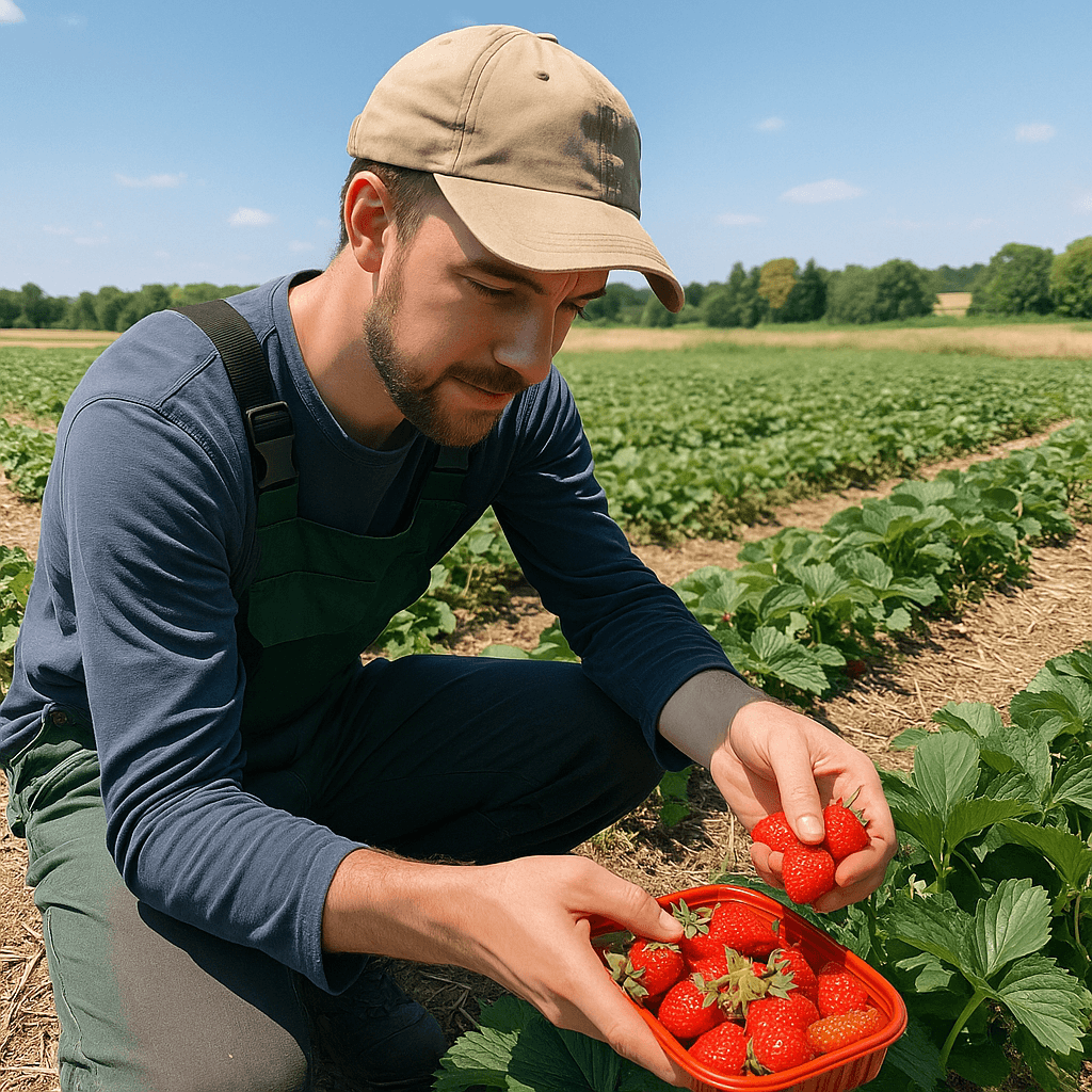 Чоловік у робочому одязі збирає полуницю на полі в Німеччині