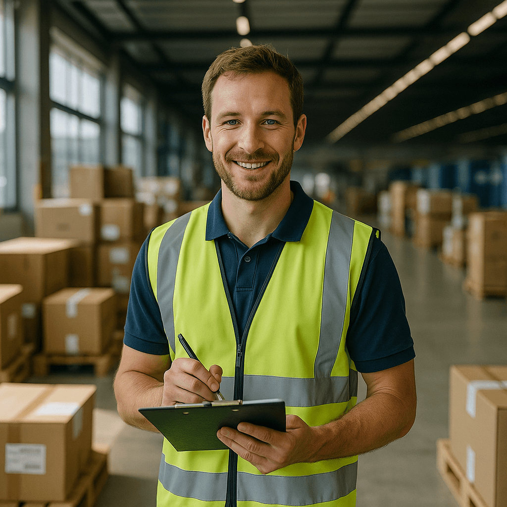 Молодий працівник у жовтому жилеті з планшетом стоїть на складі в Німеччині