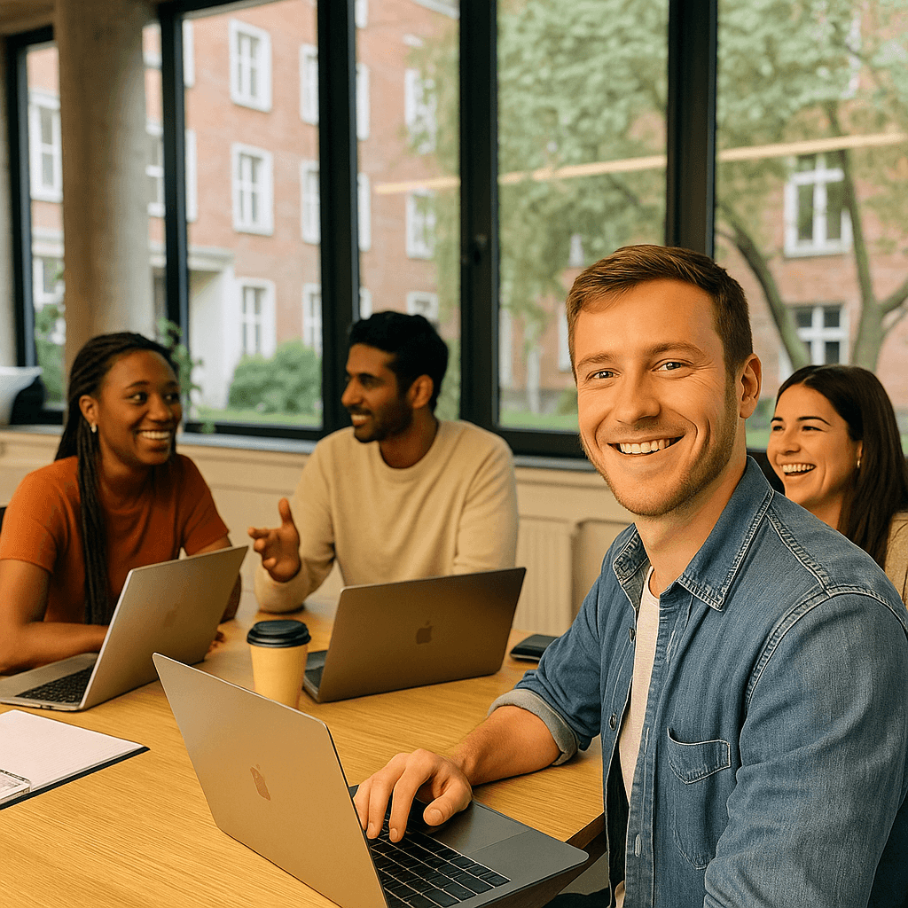 Молоді фахівці різних національностей працюють за ноутбуками в сучасному офісі в Німеччині