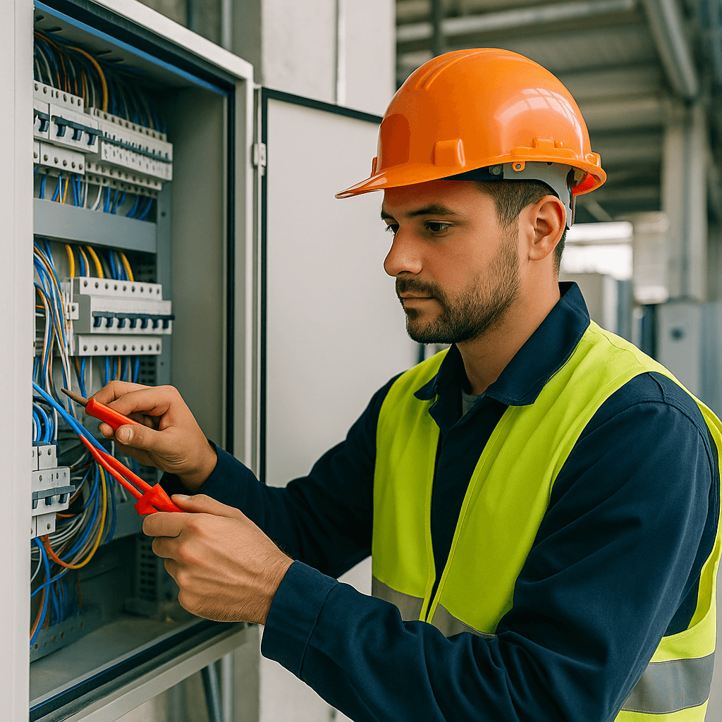 Электротехник в оранжевой каске и жилете работает с электропанелью в Германии