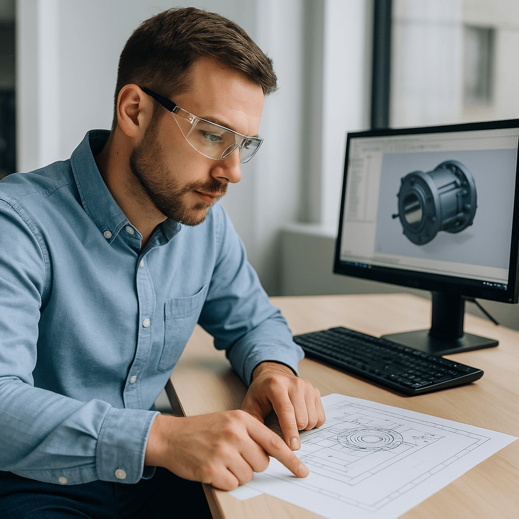 Мужчина-инженер-механик в защитных очках работает за столом в Германии