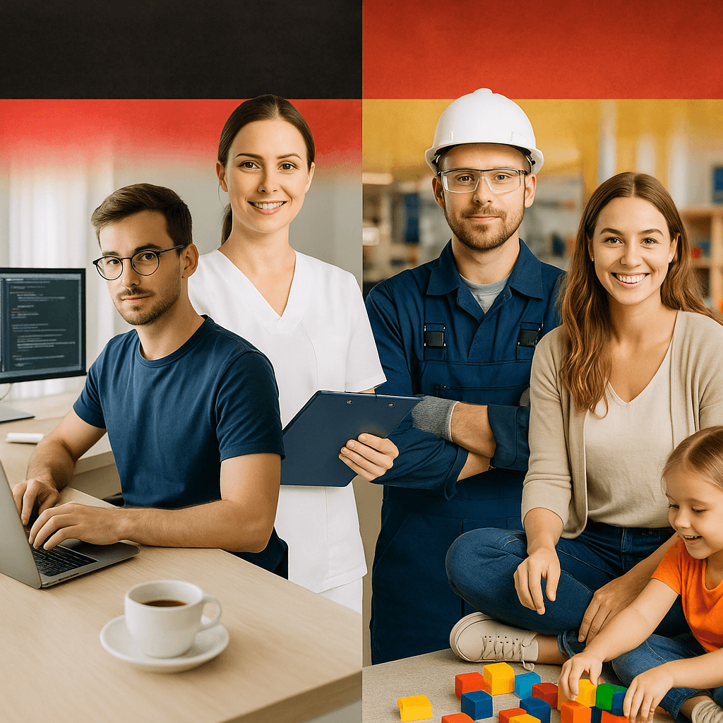 Коллаж с изображением четырёх специалистов: программиста, медсестры, инженера и воспитателя на фоне флага Германии