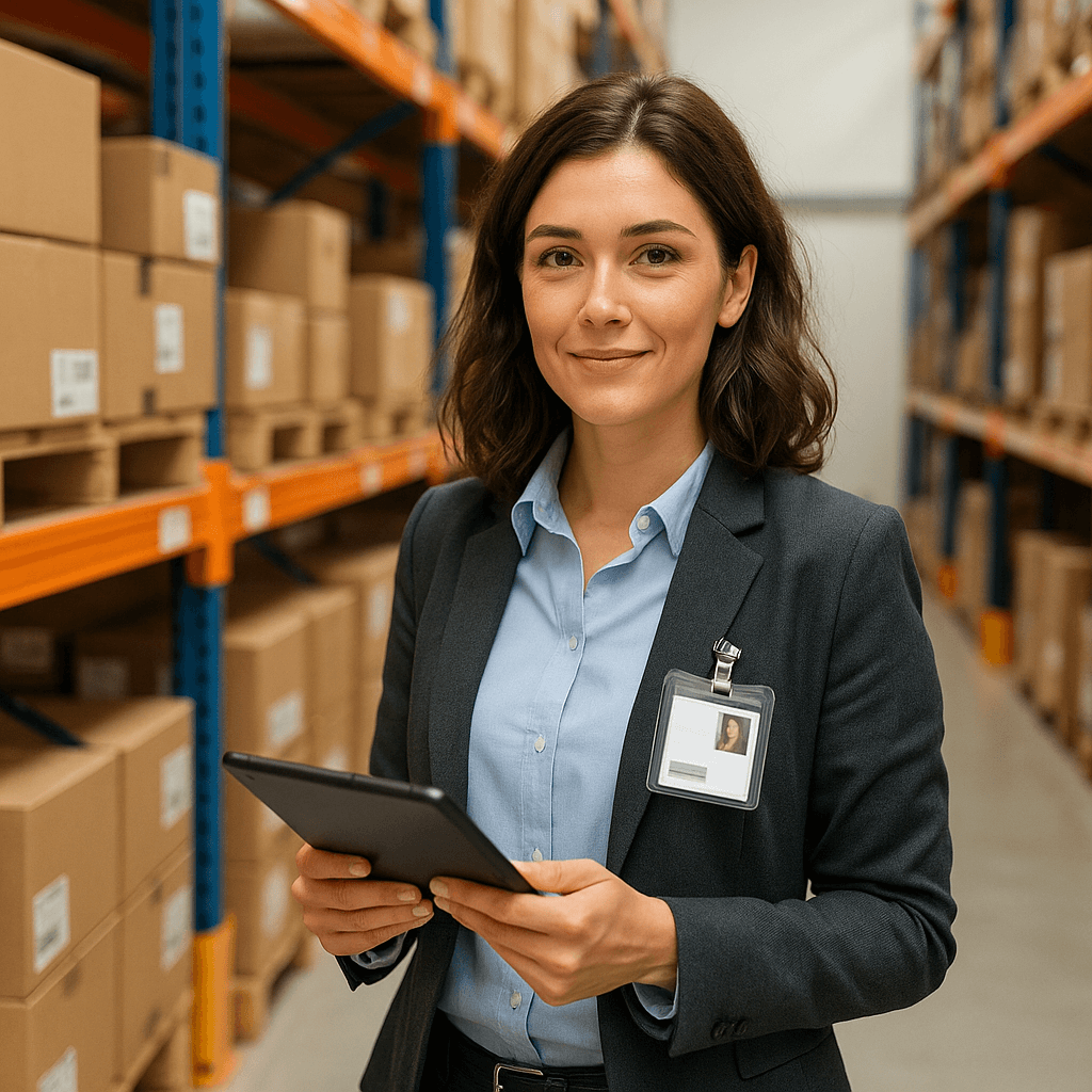 Женщина-специалист по логистике стоит с планшетом в руках в современном складе в Германии