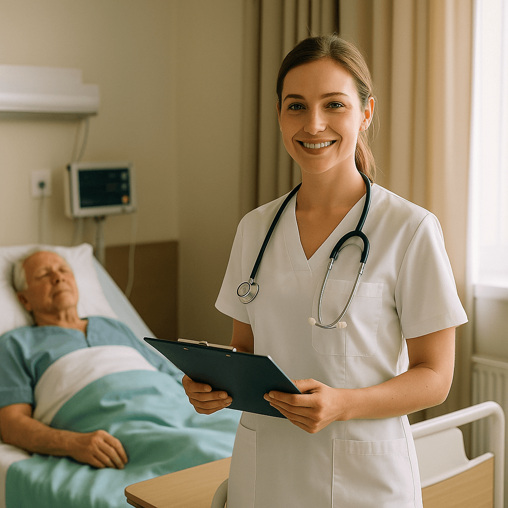 Улыбающаяся медсестра в белой форме стоит рядом с пожилым пациентом в современной палате немецкой больницы