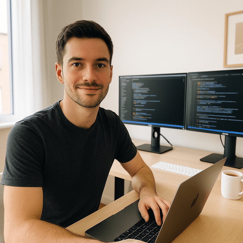 Молодой программист работает за ноутбуком в домашнем офисе в Германии