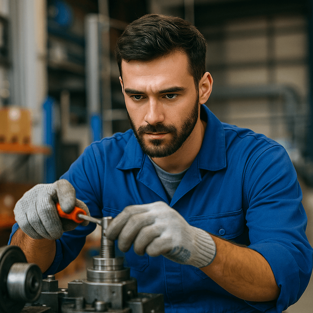 Промышленный механик в синей рабочей форме и перчатках на заводе в Германии
