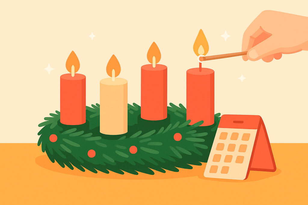 Основные символы Адвента: Венок, четыре свечи, адвент-календарь.