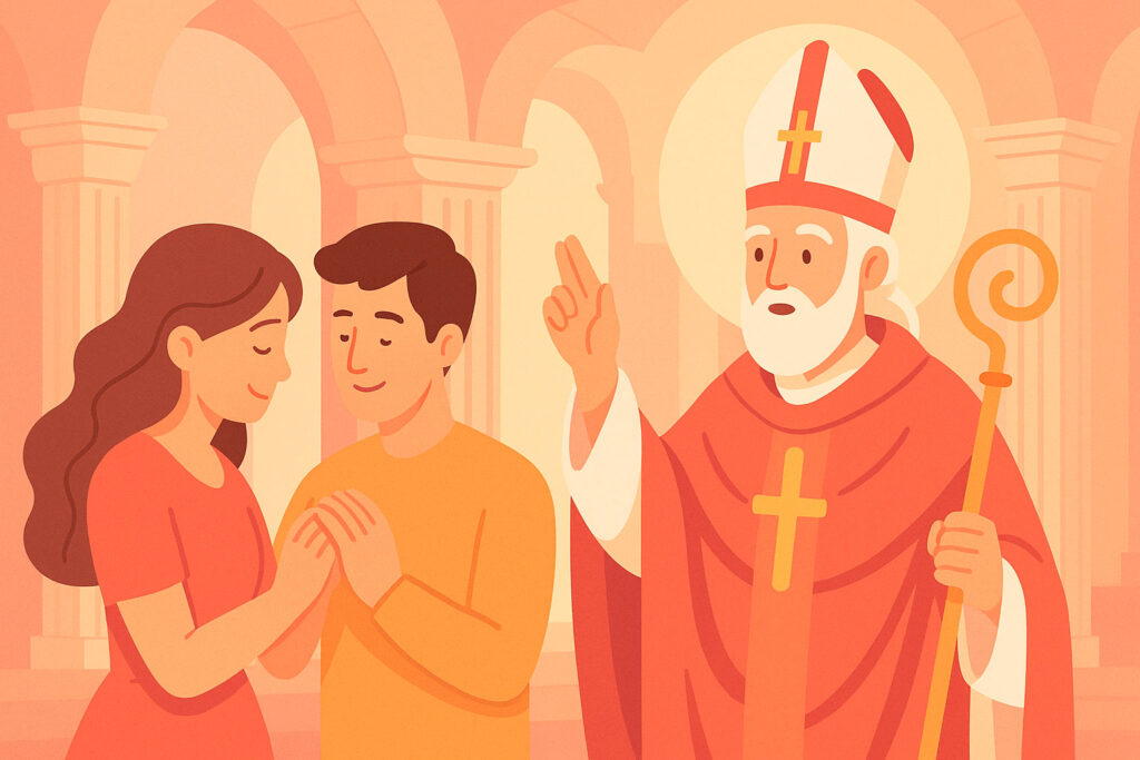 Святий Валентин благословляє закохану пару — ілюстрація до історії свята
