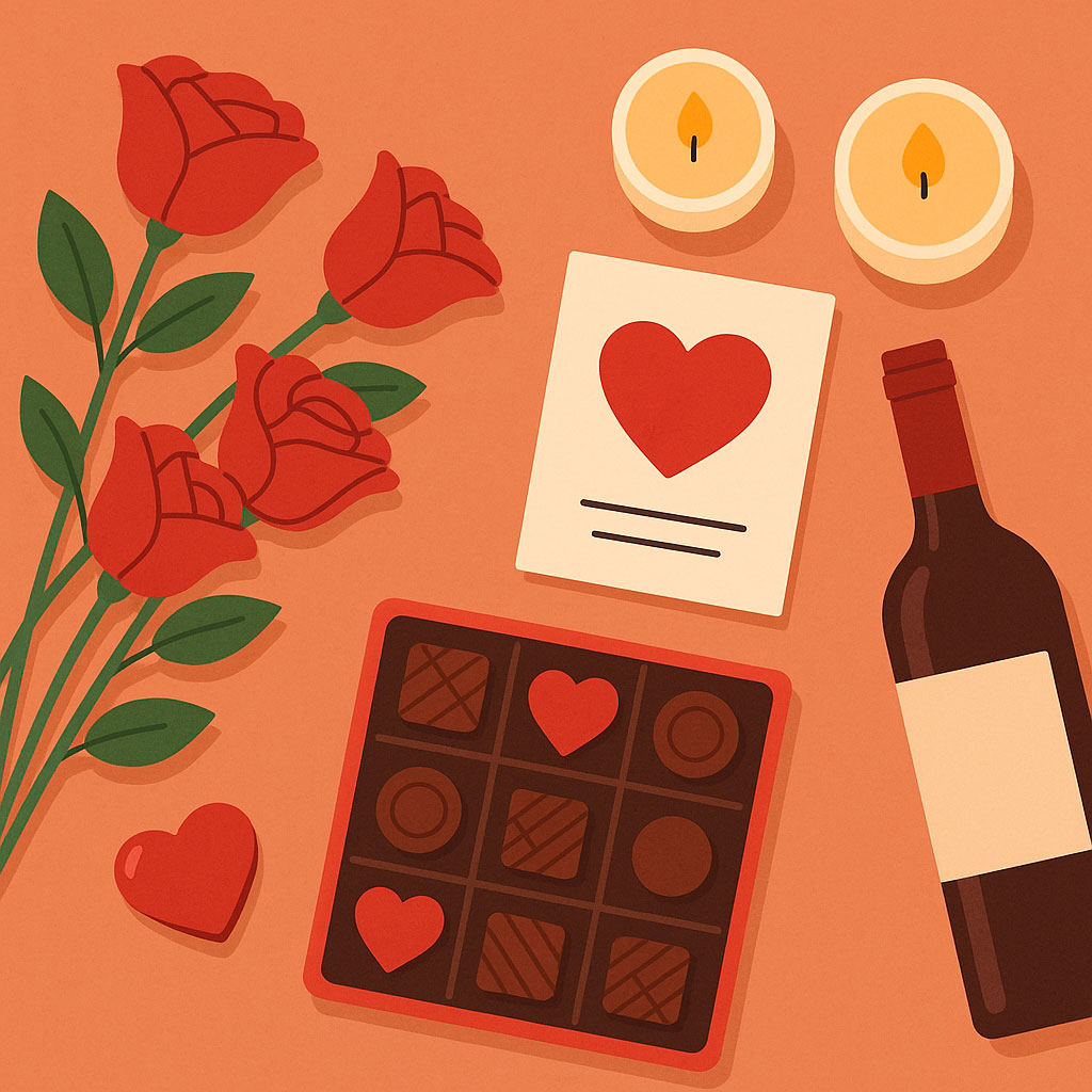 Пласка композиція з подарунками до Дня святого Валентина — троянди, шоколад, свічки та листівка