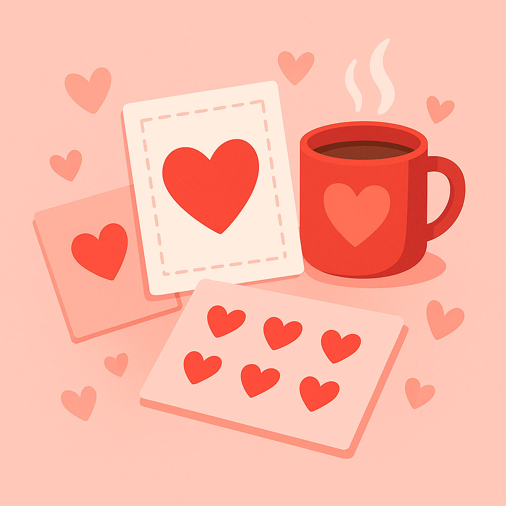 Паперові валентинки з сердечками і горнятком чаю — німецькі листівки до Дня святого Валентина
