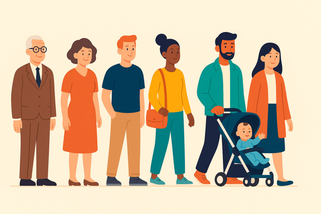 Зміна населення Німеччини від 1950-х до 2020-х — люди різних поколінь і національностей в одному ряду, символ демографічних змін