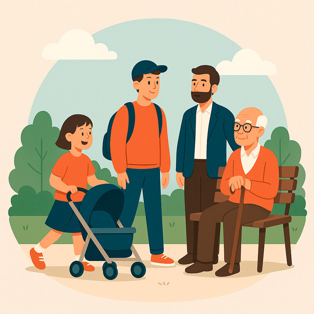 Жителі Німеччини різного віку — дитина, студент, дорослий і літня людина в парку, відображення старіючого суспільства