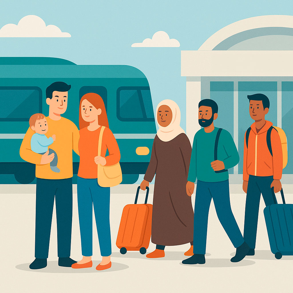 Молода сім'я з дитиною та чоловік із валізою в Німеччині — символ народжуваності та міграції як чинників зростання населення