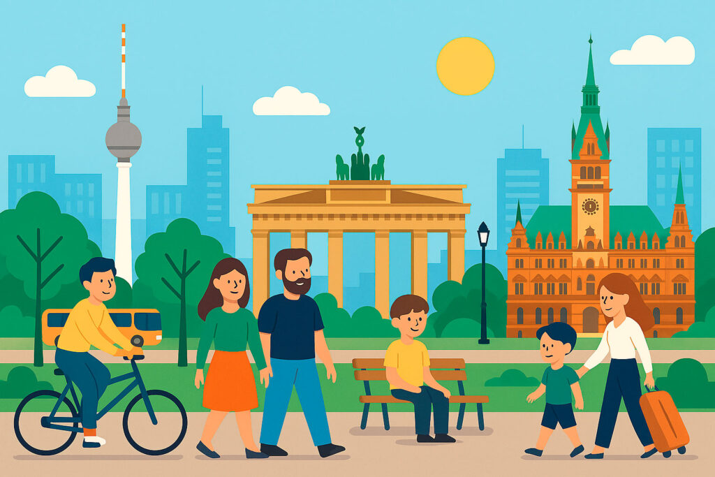 Сучасні міста Німеччини — Берлін, Мюнхен і Гамбург; люди гуляють, їздять на велосипедах і користуються громадським транспортом