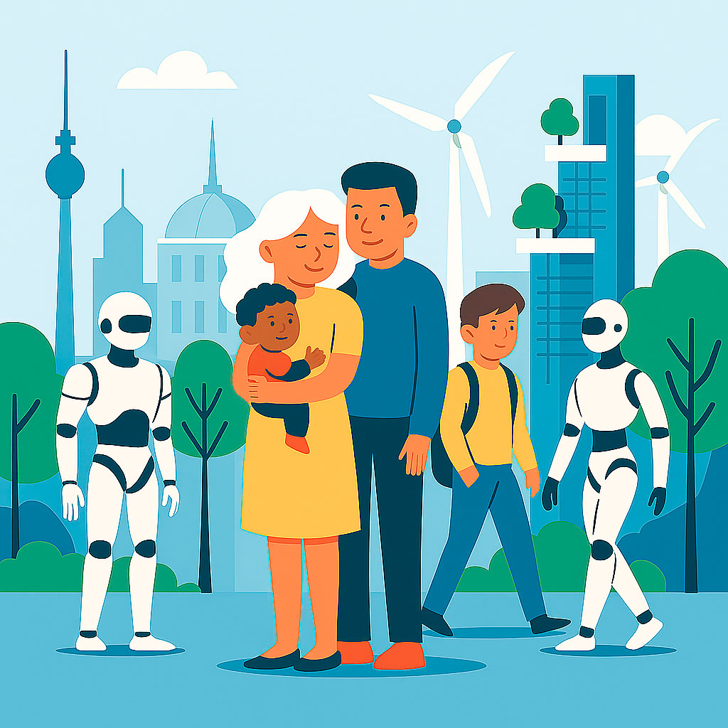 Майбутнє Німеччини — сім'я, молоді люди й роботи серед сучасних екологічних будівель, символ демографічного розвитку