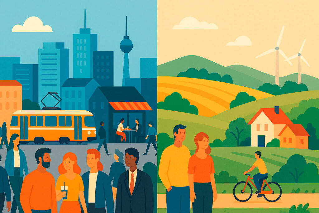 Контраст між густозаселеним містом і спокійним німецьким селом — символ відмінностей у густоті населення Німеччини