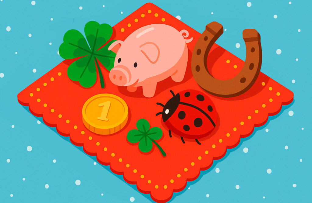 Символы немецкого Нового года — свинка, клевер, подкова, монета и божья коровка.