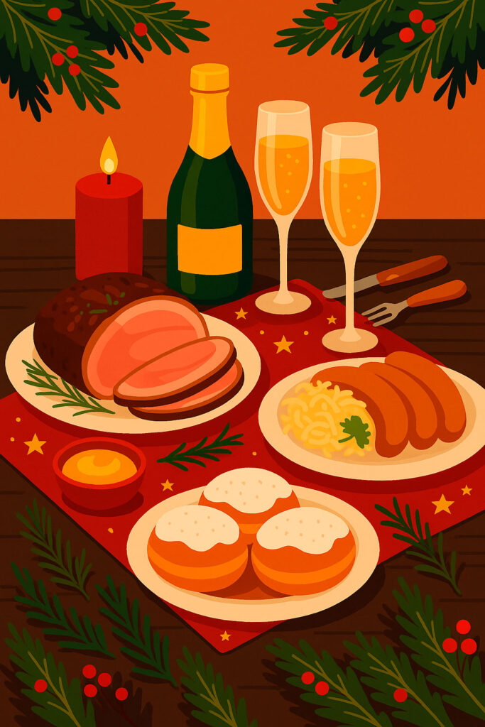 Немецкий новогодний стол — традиционные блюда и десерты.